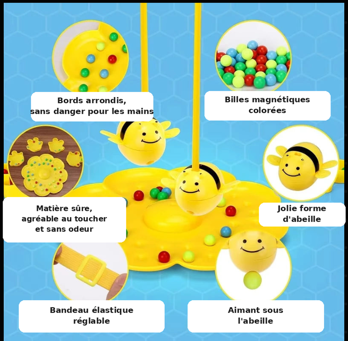 Détails du jeu des abeilles : bandeau réglable, billes aimantées, bords arrondis