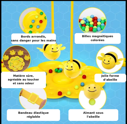 Détails du jeu des abeilles : bandeau réglable, billes aimantées, bords arrondis