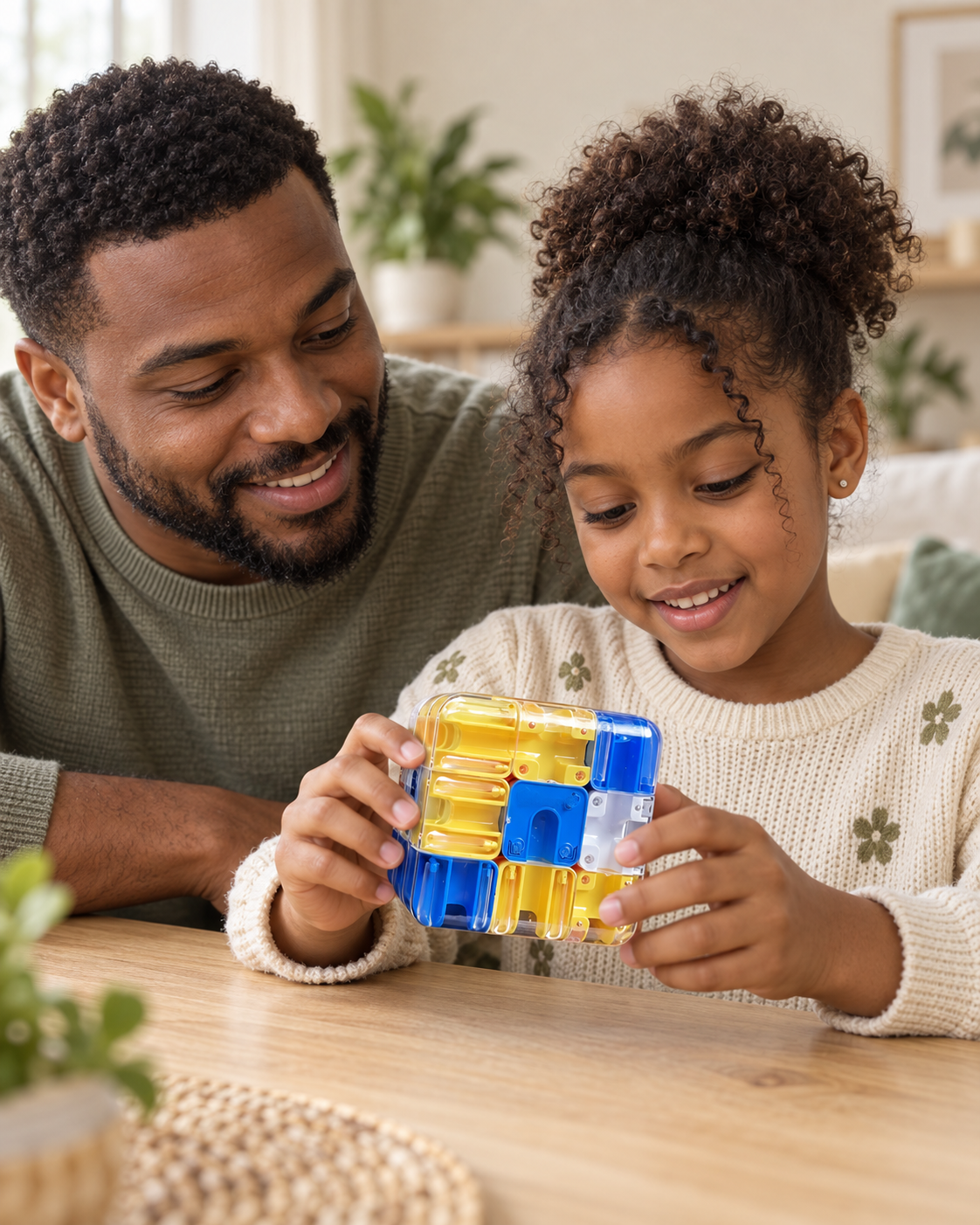 Un père et sa fille jouent avec le cube labyrinthe