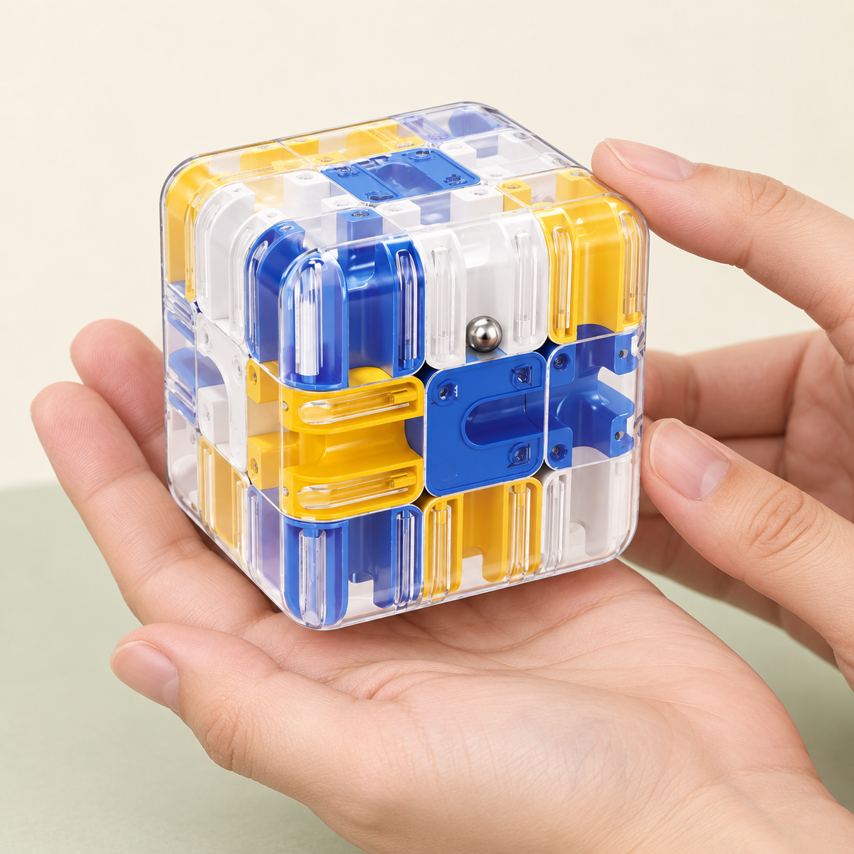 Cube labyrinthe 3D tenu dans deux mains