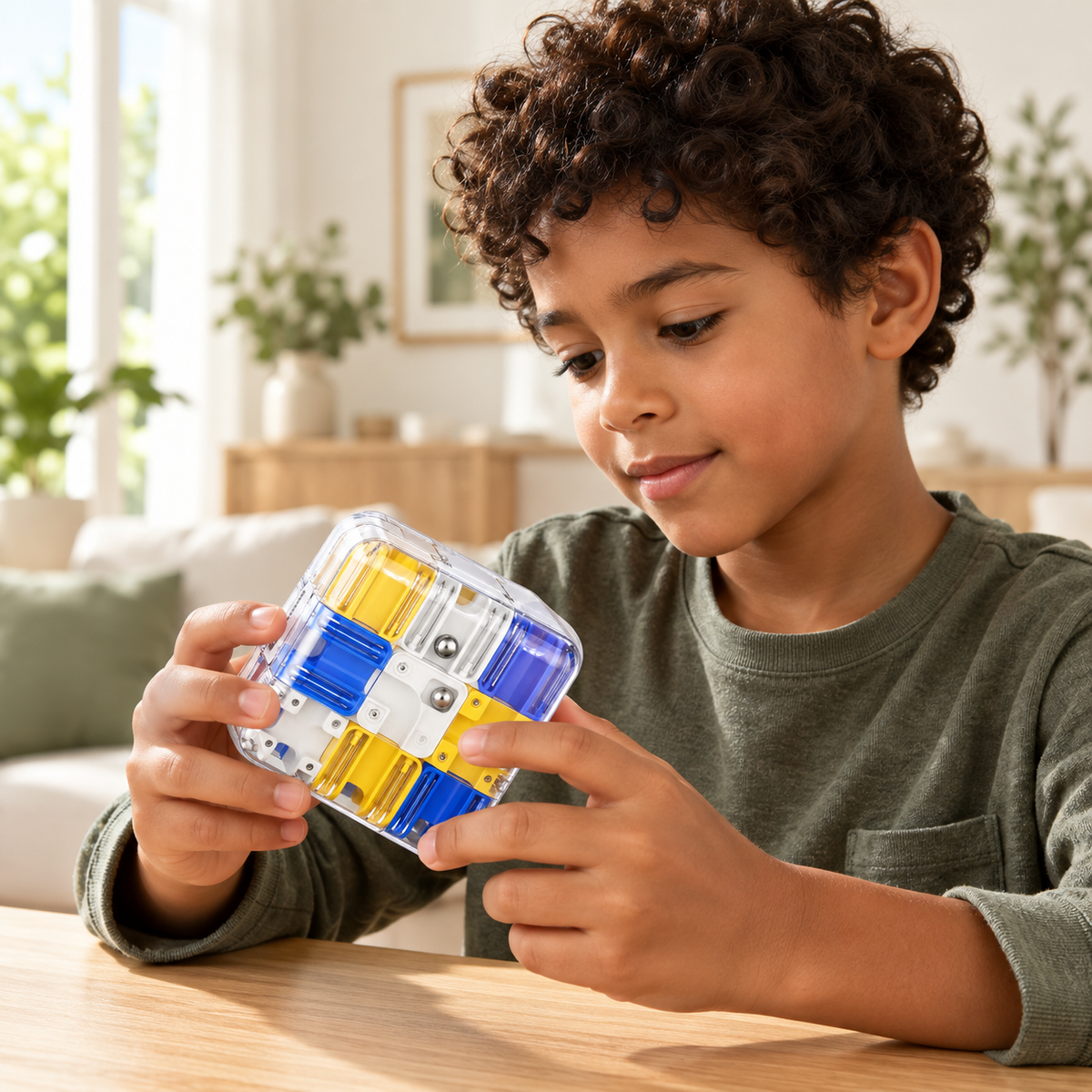Enfant qui tient le cube labyrinthe dans le salon