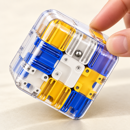 Gros plan sur les rails colorés du cube labyrinthe