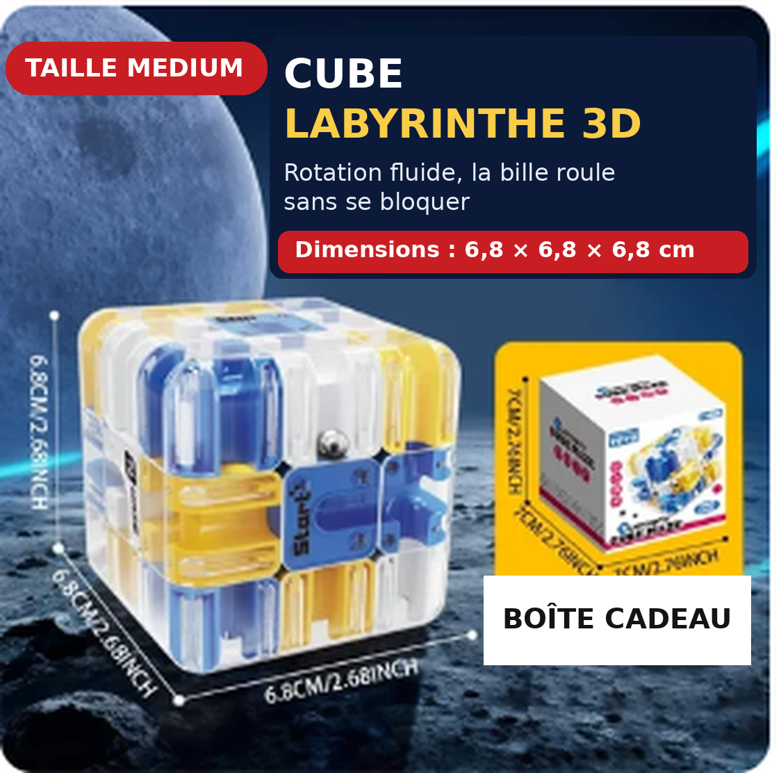 Dimensions du cube labyrinthe taille Medium : 6,8 cm
